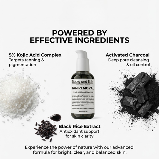 Dusky & Bold 5% Kojic Acid Based De-Tan Face Wash with Charcoal & Black Rice | Rinse-Off Brightening Cleanser for Oily & Greasy Skin | Sulphate-Free Daily Face Cleanser