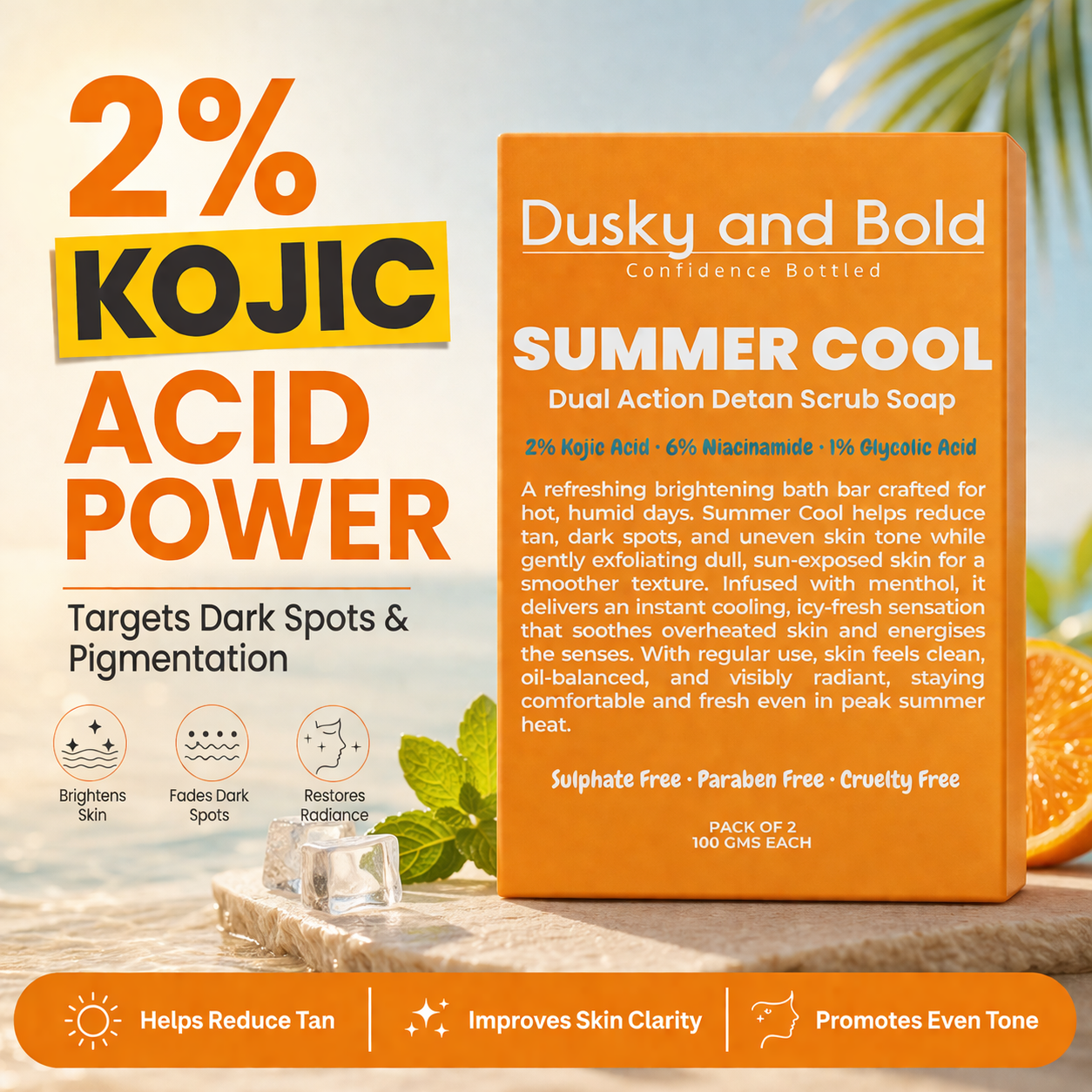 Dusky and Bold 2% Kojic Acid Detan Scrub Soap with 6% Niacinamide & 1% Glycolic Acid | Dual Action Exfoliating Brightening Bar for Tan Removal, Dark Spots & Pigmentation | Cooling Menthol | Soap Bar for Men and Women | Pack of 2