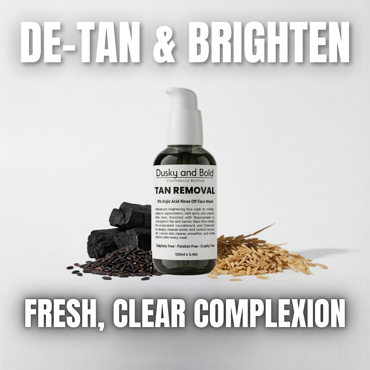 Dusky & Bold 5% Kojic Acid Based De-Tan Face Wash with Charcoal & Black Rice | Rinse-Off Brightening Cleanser for Oily & Greasy Skin | Sulphate-Free Daily Face Cleanser