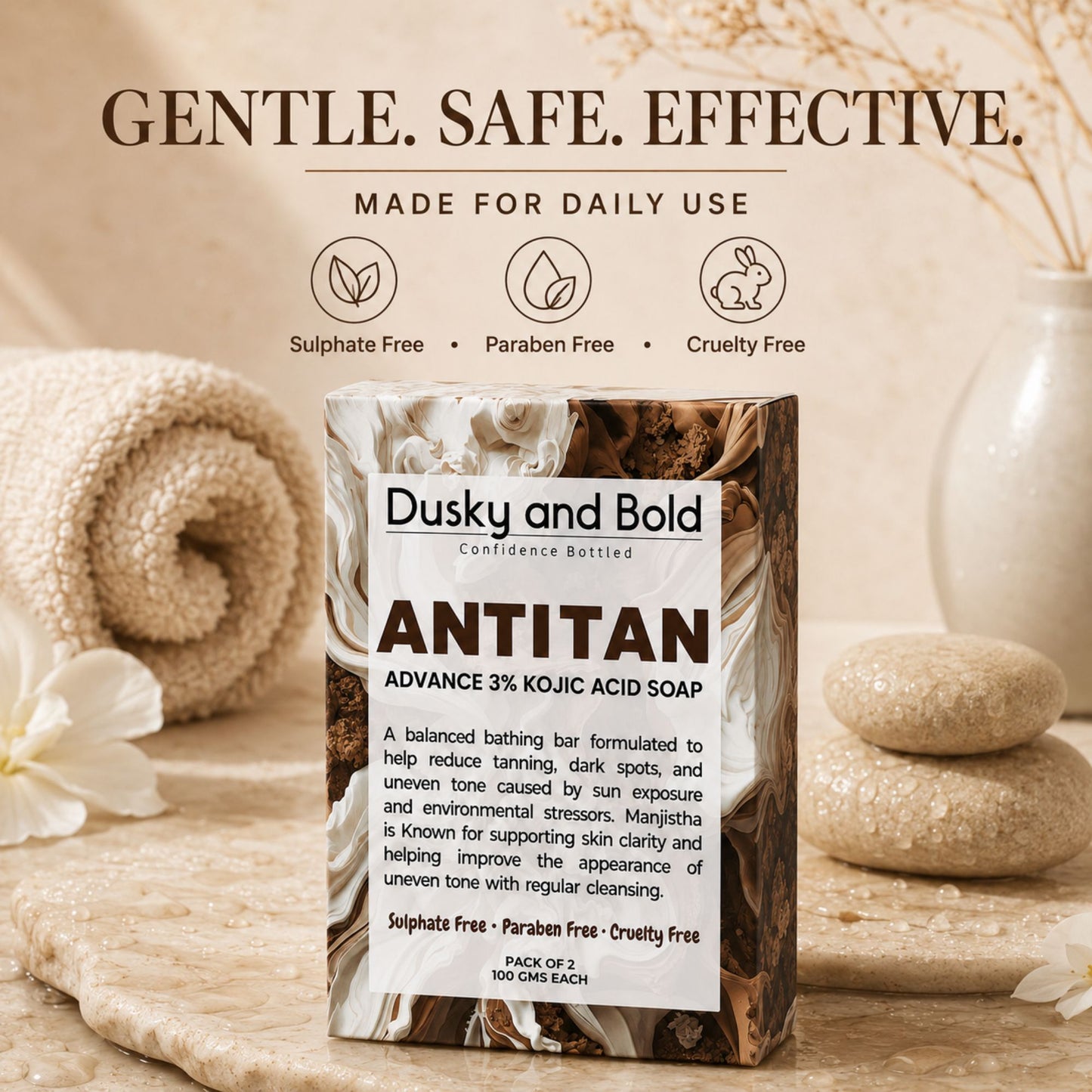 Dusky and Bold Tan Removal Soap with 3% Kojic Acid for Dark Spots, Pigmentation & Uneven Skin Tone | With Manjistha & Goat Milk | Detan & Skin Brightening Bath Bar | Pack of 2