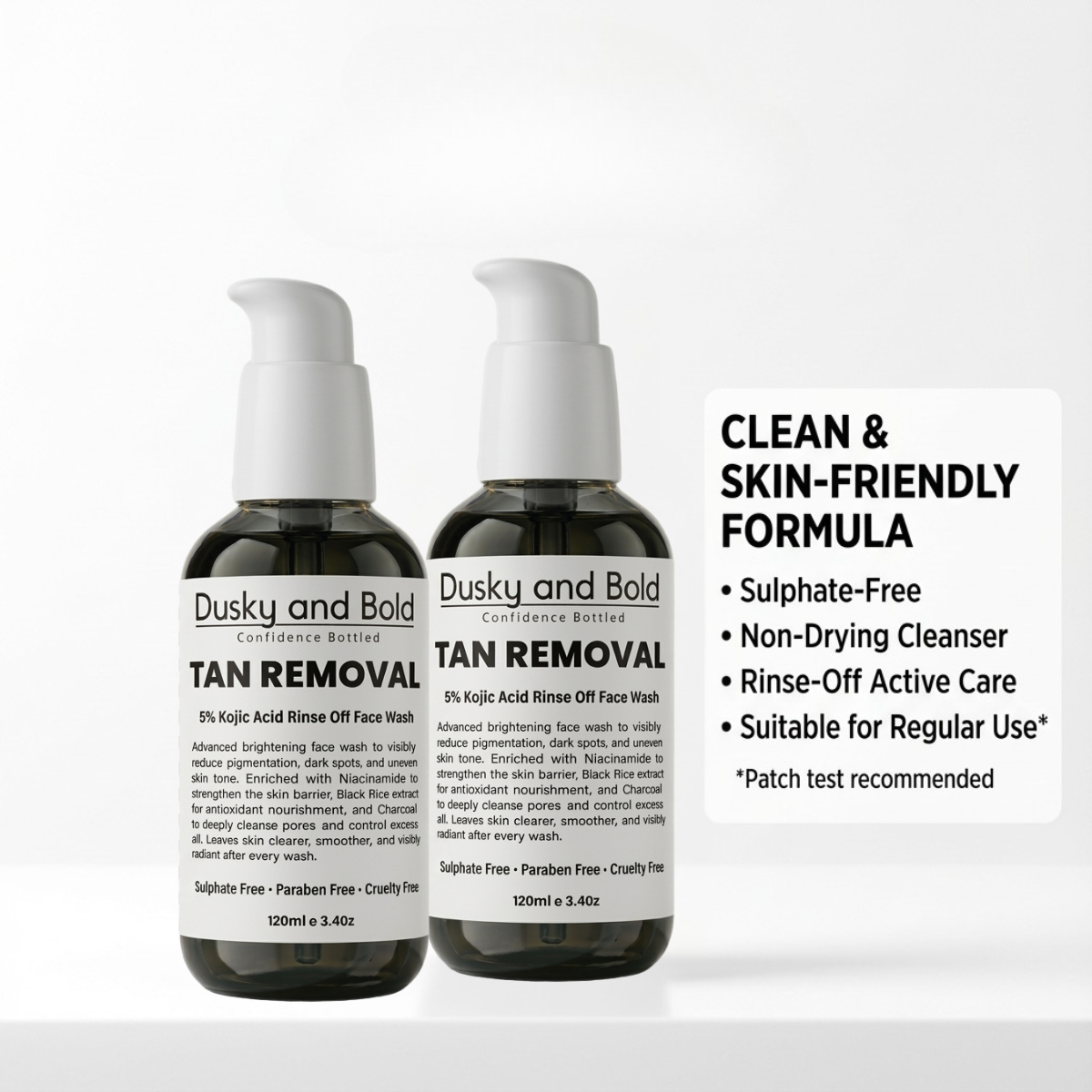 Dusky & Bold 5% Kojic Acid Based De-Tan Face Wash with Charcoal & Black Rice | Rinse-Off Brightening Cleanser for Oily & Greasy Skin | Sulphate-Free Daily Face Cleanser
