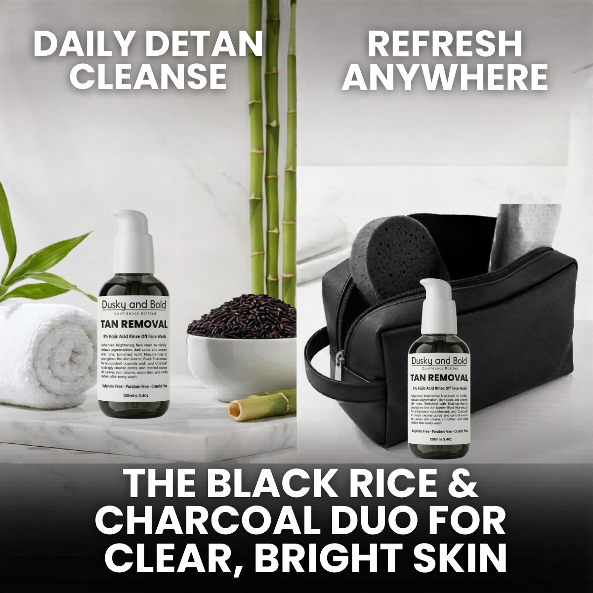Dusky & Bold 5% Kojic Acid Based De-Tan Face Wash with Charcoal & Black Rice | Rinse-Off Brightening Cleanser for Oily & Greasy Skin | Sulphate-Free Daily Face Cleanser