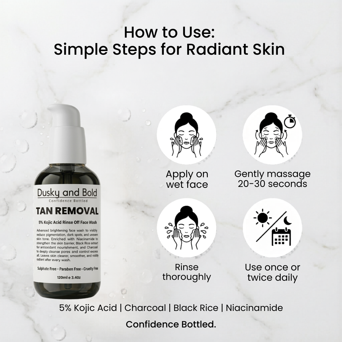 Dusky & Bold 5% Kojic Acid Based De-Tan Face Wash with Charcoal & Black Rice | Rinse-Off Brightening Cleanser for Oily & Greasy Skin | Sulphate-Free Daily Face Cleanser