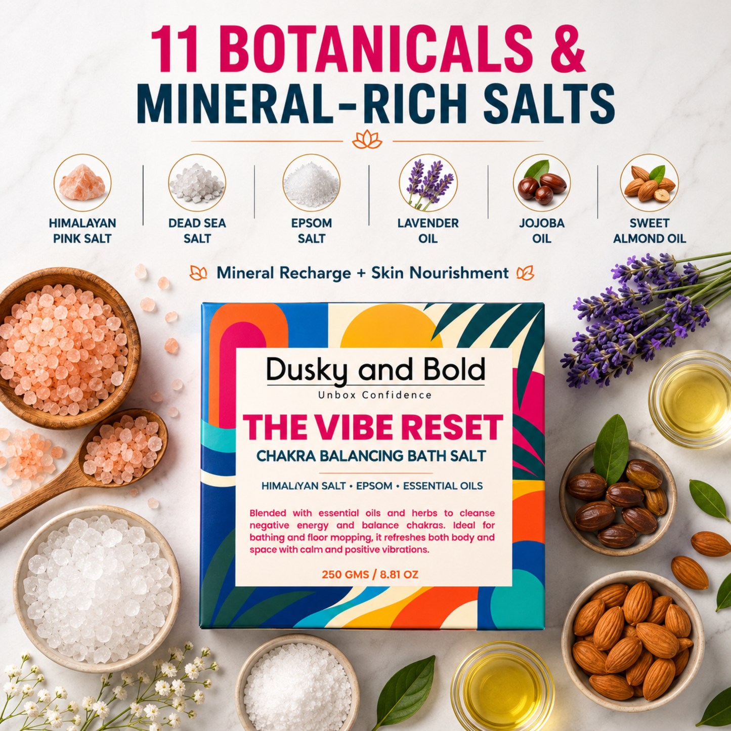 Dusky and Bold The Vibe Reset Spiritual Bath Salt | Chakra Balancing Bath Soak with Epsom, Himalayan & Dead Sea Salt | Almond Oil, Essential Oils, Rose Petals & Lavender | Bath & Floor Cleansing Ritual | 250g