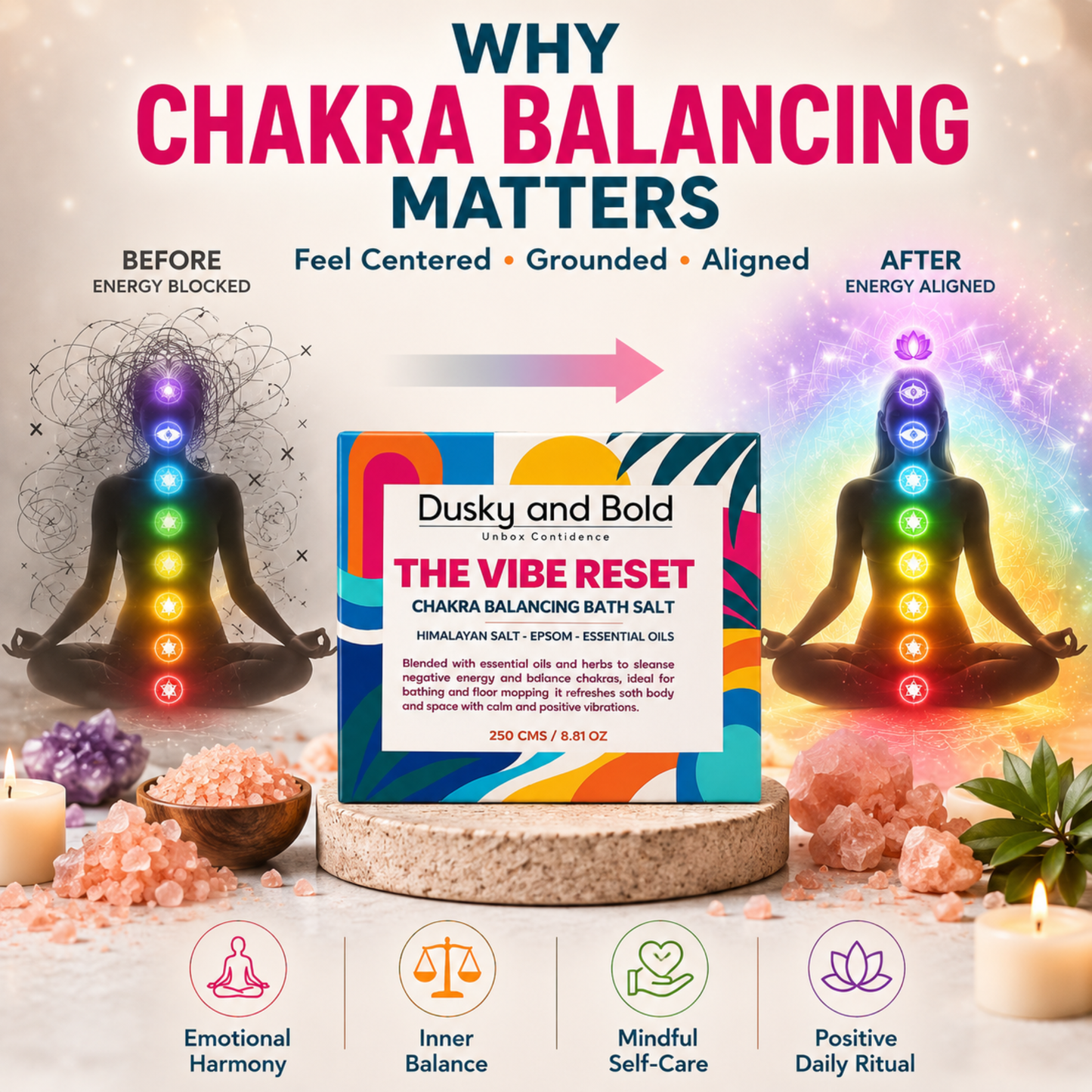 Dusky and Bold The Vibe Reset Spiritual Bath Salt | Chakra Balancing Bath Soak with Epsom, Himalayan & Dead Sea Salt | Almond Oil, Essential Oils, Rose Petals & Lavender | Bath & Floor Cleansing Ritual | 250g