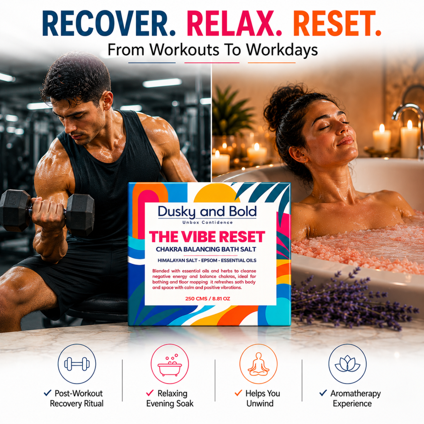 Dusky and Bold The Vibe Reset Spiritual Bath Salt | Chakra Balancing Bath Soak with Epsom, Himalayan & Dead Sea Salt | Almond Oil, Essential Oils, Rose Petals & Lavender | Bath & Floor Cleansing Ritual | 250g