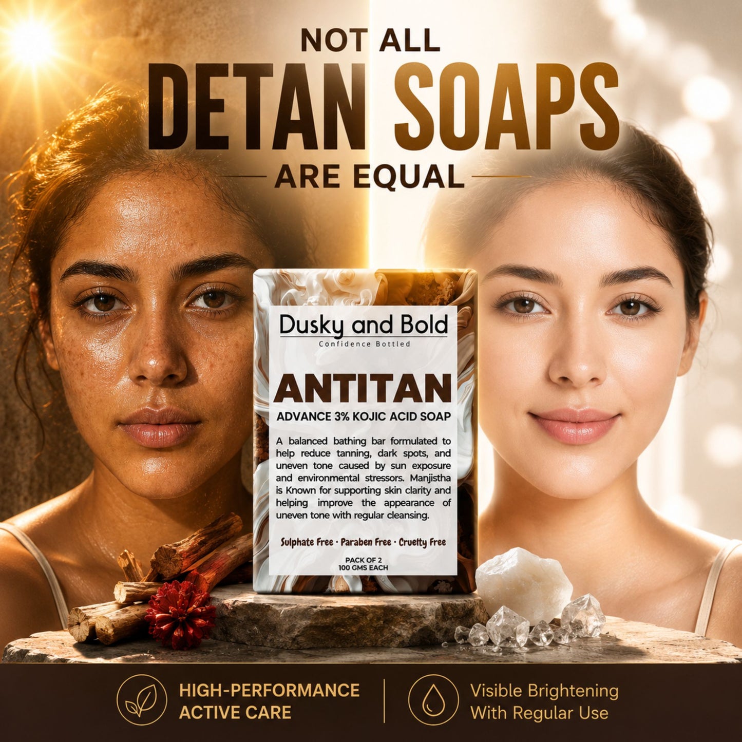 Dusky and Bold Tan Removal Soap with 3% Kojic Acid for Dark Spots, Pigmentation & Uneven Skin Tone | With Manjistha & Goat Milk | Detan & Skin Brightening Bath Bar | Pack of 2