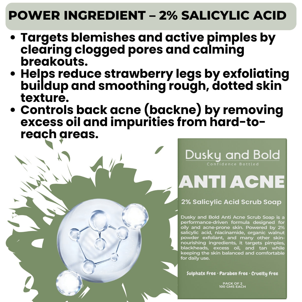 Dusky and Bold Anti Acne Soap with 2% Salicylic Acid & Scrub Treatment for Body and Face | Controls Excess Sebum | Exfoliates Dead Skin Cells and Dark Spots | Soap Bar for Men and Women | Pack of 2