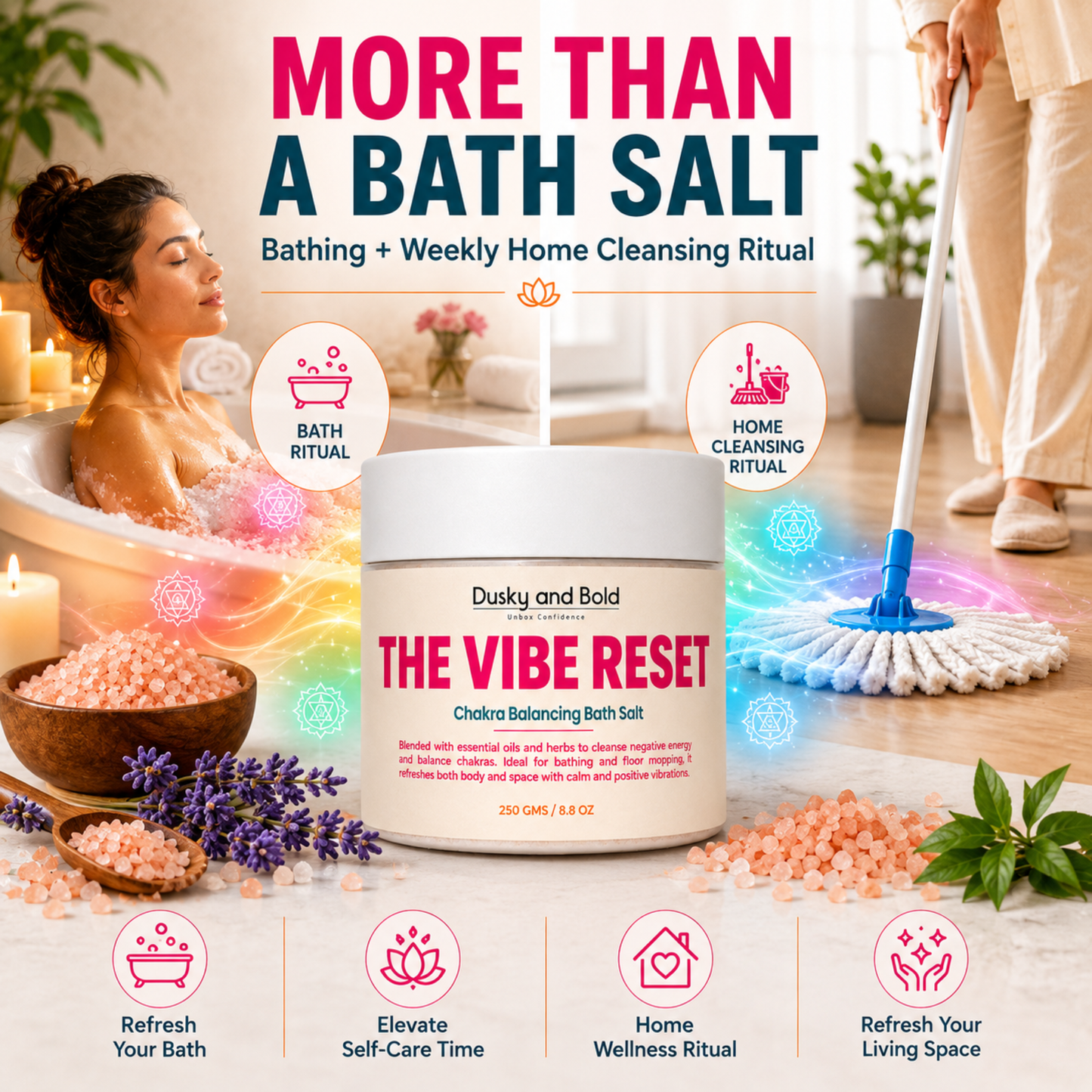 Dusky and Bold The Vibe Reset Spiritual Bath Salt | Chakra Balancing Bath Soak with Epsom, Himalayan & Dead Sea Salt | Almond Oil, Essential Oils, Rose Petals & Lavender | Bath & Floor Cleansing Ritual | 250g
