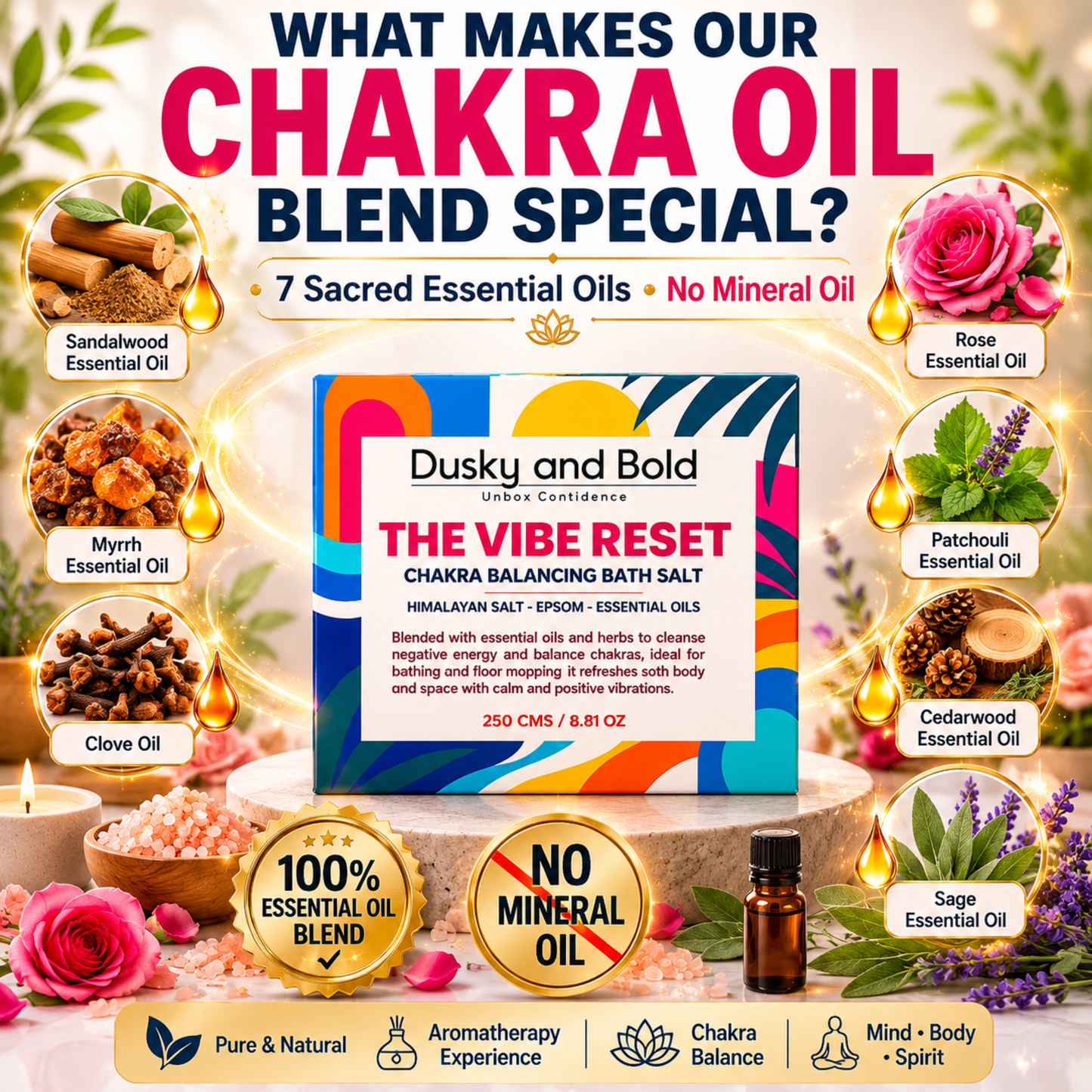 Dusky and Bold The Vibe Reset Spiritual Bath Salt | Chakra Balancing Bath Soak with Epsom, Himalayan & Dead Sea Salt | Almond Oil, Essential Oils, Rose Petals & Lavender | Bath & Floor Cleansing Ritual | 250g