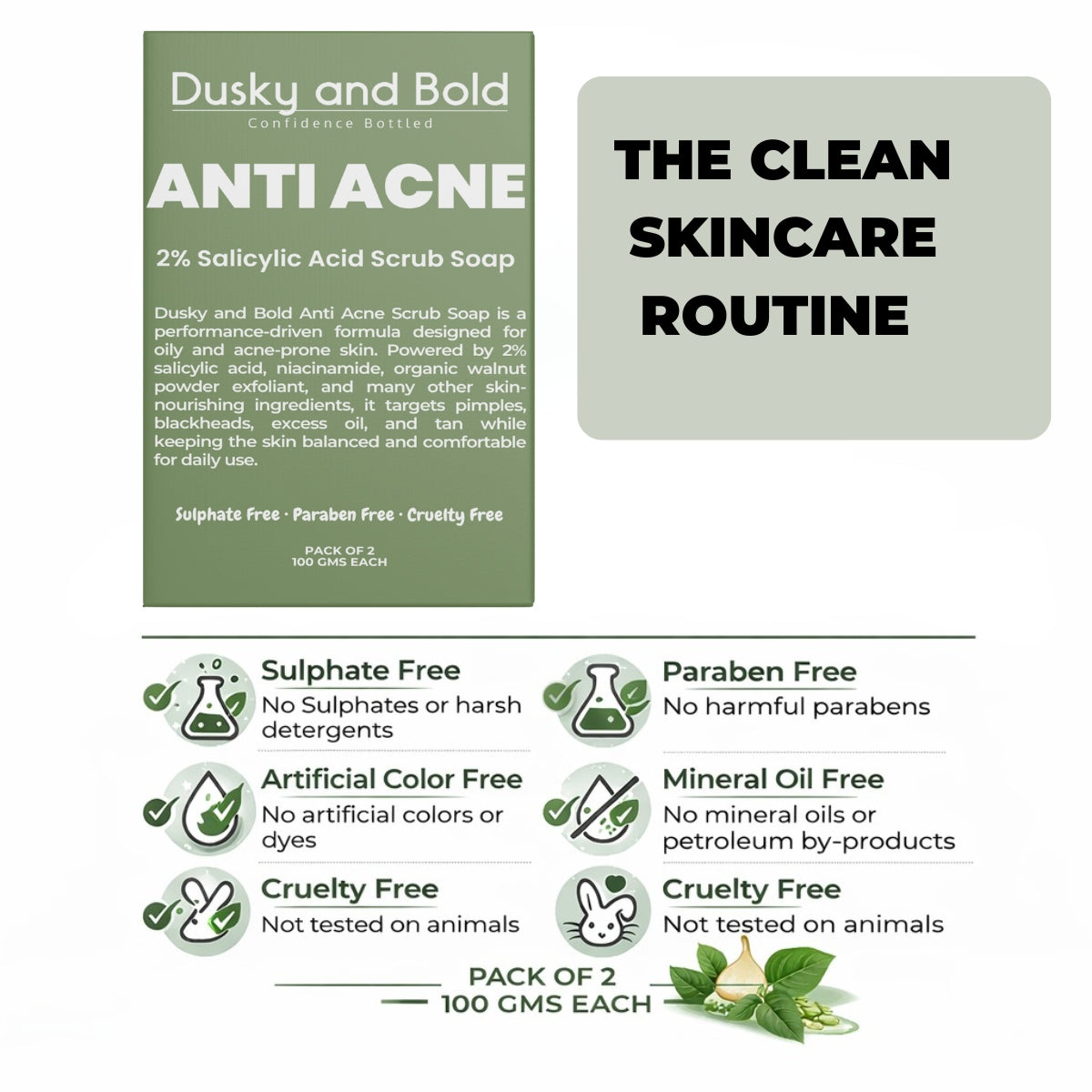 Dusky and Bold Anti Acne Soap with 2% Salicylic Acid & Scrub Treatment for Body and Face | Controls Excess Sebum | Exfoliates Dead Skin Cells and Dark Spots | Soap Bar for Men and Women | Pack of 2