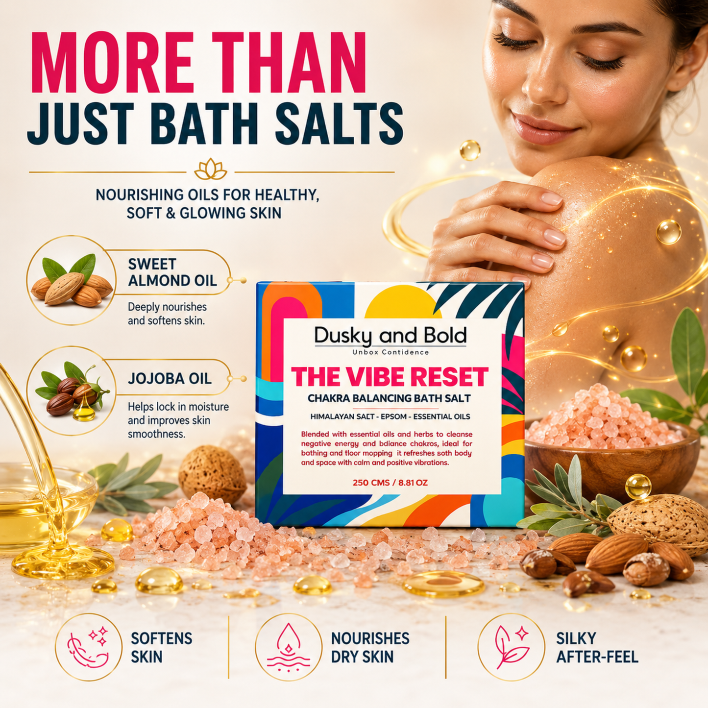 Dusky and Bold The Vibe Reset Spiritual Bath Salt | Chakra Balancing Bath Soak with Epsom, Himalayan & Dead Sea Salt | Almond Oil, Essential Oils, Rose Petals & Lavender | Bath & Floor Cleansing Ritual | 250g