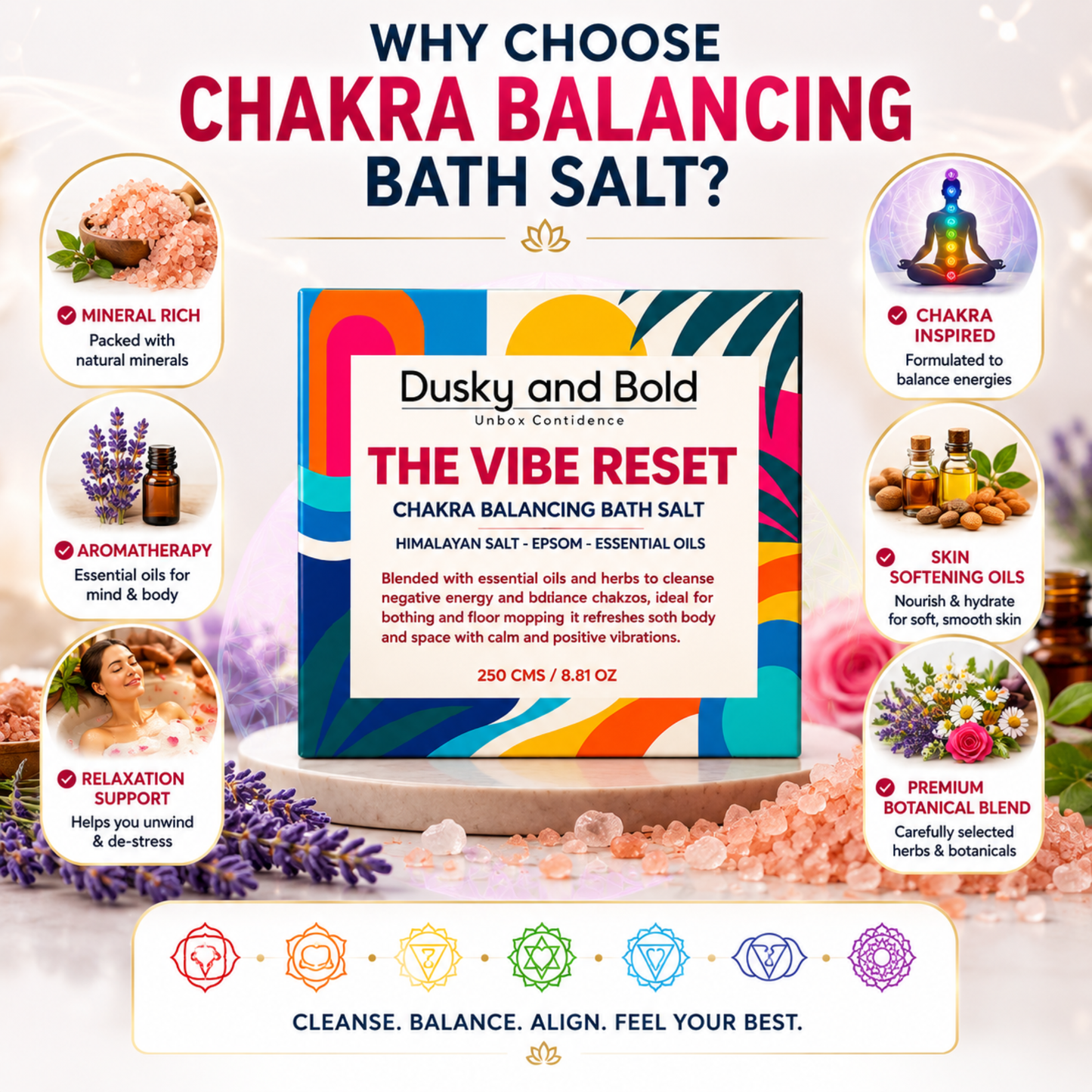 Dusky and Bold The Vibe Reset Spiritual Bath Salt | Chakra Balancing Bath Soak with Epsom, Himalayan & Dead Sea Salt | Almond Oil, Essential Oils, Rose Petals & Lavender | Bath & Floor Cleansing Ritual | 250g