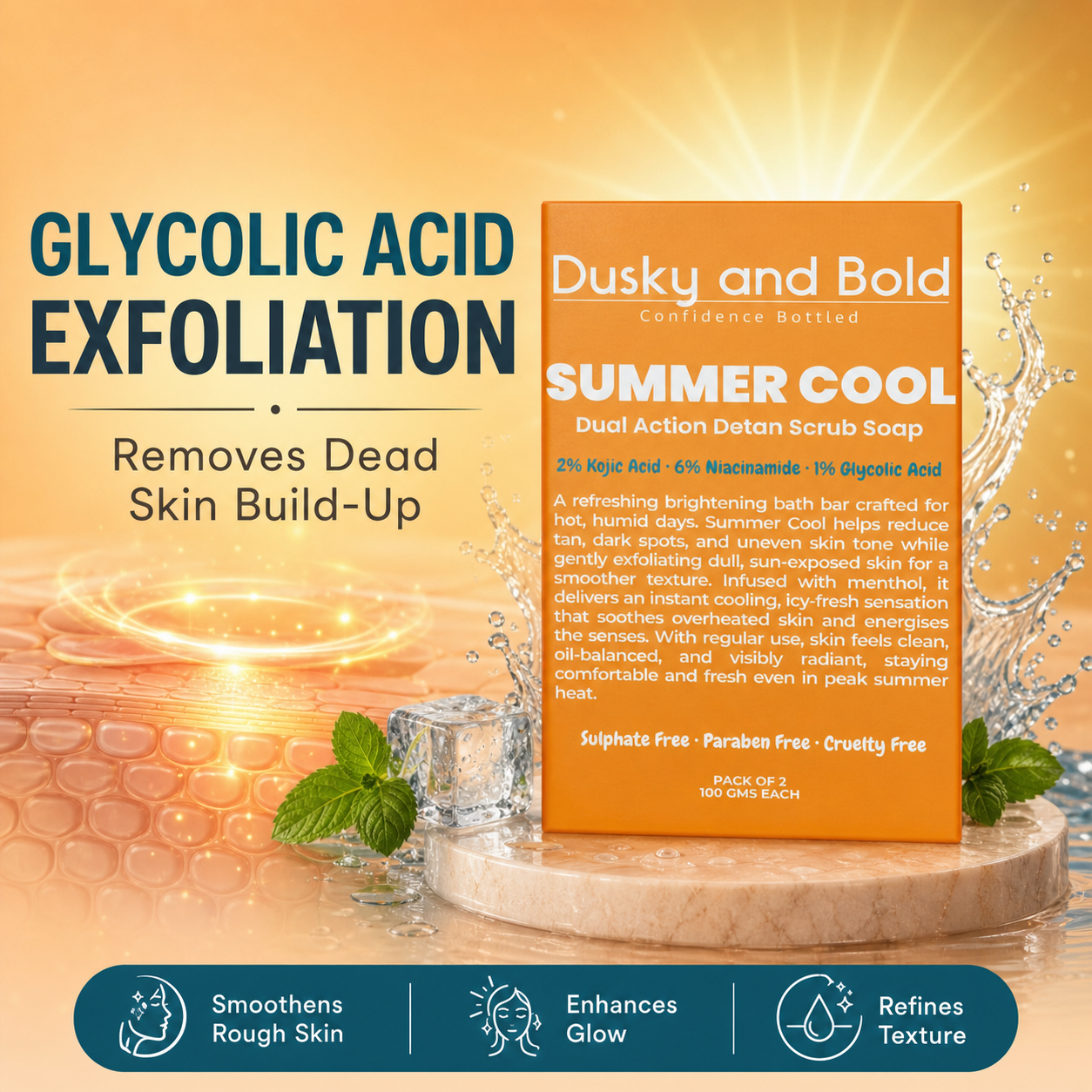 Dusky and Bold 2% Kojic Acid Detan Scrub Soap with 6% Niacinamide & 1% Glycolic Acid | Dual Action Exfoliating Brightening Bar for Tan Removal, Dark Spots & Pigmentation | Cooling Menthol | Soap Bar for Men and Women | Pack of 2